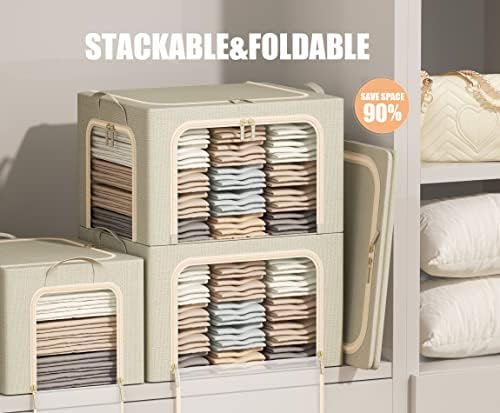3 Openings Clothes Storage Bins with Metal Frame, Foldable Storage Bin for Clothes, Clothing Storage Bins with Lid, Linen Storage Box With Clear Window＆ Zippers＆ Durable Handles.(3 Pcs ,Beige,40L) - Image 2