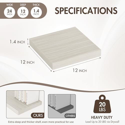 Acovy 12 Inch Floating Shelves, 12" Deep Floating Shelf Wall Mounted, 12" Wall Shelves, Rustic Deep Bookshelf, Extra Deeper Display Shelves & Storage Shelves for Bedroom, Living Room, Set of 3 - Image 4