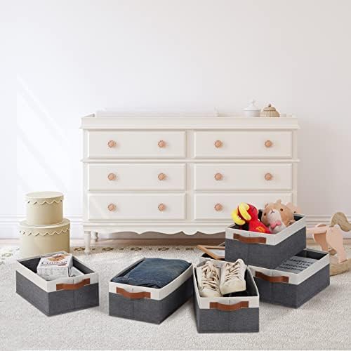 GhvyenntteS Small Fabric Storage Bins 12 Pack, Storage Basket with Leather Handles, Closet Storage Bins for Shelves, Storage Baskets for Shelves, Home, Office (Grey/White, 11.8" x 7.87" x 5.11") - Image 2