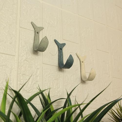 Zeckos Set of 3 Flipping Fish Wall Hooks, 4 Inch Blue Gray White Cast Iron - Image 4