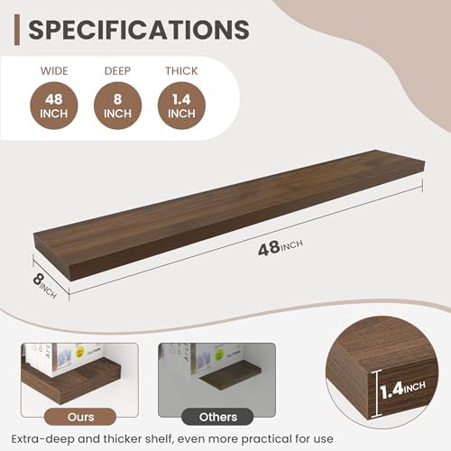 Acovy 48 Inch Floating Shelves, 8 Inch Deep Floating Shelves for Wall, Hanging Shelf with Invisible Brackets, Deep Shelves for Bathroom, Bedroom, Living Room, Walnut, Set of 1 - Image 3