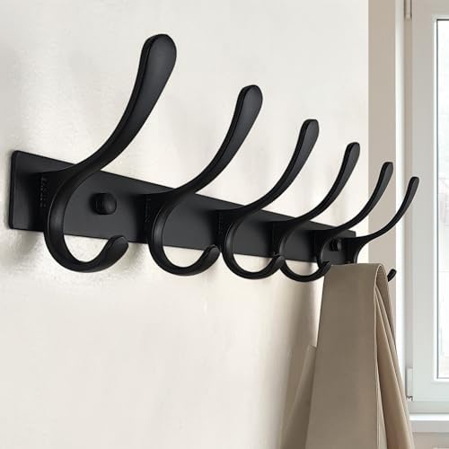 SKOLOO Heavy Duty Wall Mounted Coat Rack - 6 Hooks, Stainless Steel, Pack of 2, Sturdy Coat Hooks for Hanging Clothes, Jacket, Hat, Black - Image 2