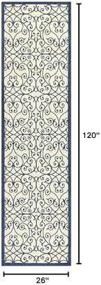 Eyely Filigree Weave Runner Rug 2X10 Navy/Beige, Indoor Outdoor Rug - Image 2