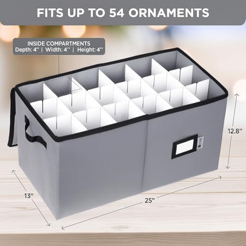 Christmas Ornament Storage Container with Dividers - Box Stores Up to 54 Ornaments, Zippered, Convenient, Adjustable, Large Organizer Bin to Protect Holiday Décor, Fits Most Standard Size, Grey - Image 3