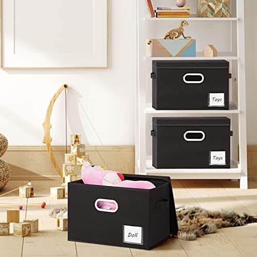 LHZK Extra Large Storage Bins with Lids 6 Pack, Foldable Linen Fabric Storage Boxes with Lids, Sturdy Fabric Storage Bins with Label & 3 Handles for Shelves Bedroom Home Office (Black, Extra Large) - Image 4