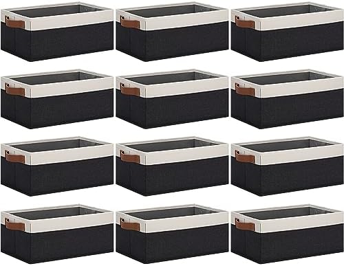 GhvyenntteS Storage Baskets for Shelves 12 Pack, Fabric Storage Bins with Leather Handles, Foldable Rectangular Storage Baskets for Organizing Home, Office (Black/White, 11.8" x 7.87" x 5.11") by GhvyenntteS