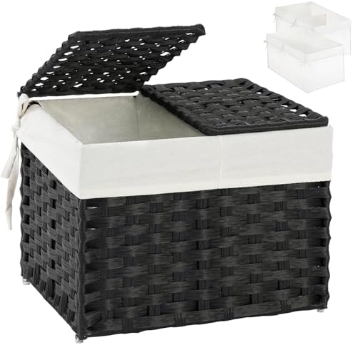 SETVSON Storage Basket with Lid, 2-Lid PE Rattan Storage Bin, Black by SETVSON
