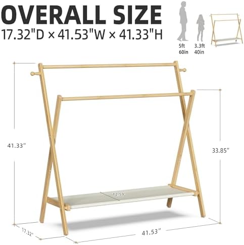 BAMBOOHOMIE Kids Clothing Rack With Storage Shelf & Double Rods, Foldable Dress Up Clothes Rack for Toddler Nursery, Child's Room, 100% Natural Bamboo (Large Size) - Image 5