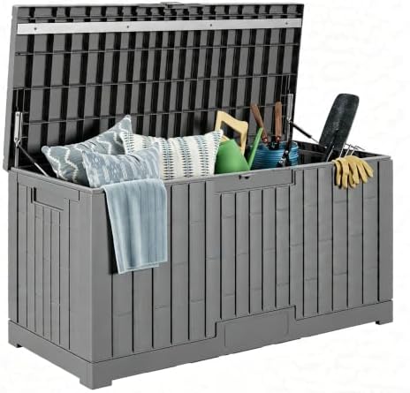 LAUSAINT HOME 100 Gallon Resin Deck Box, Package Delivery Box with Lockable Lid, Waterproof Outdoor Storage Box For Garden Tools, Patio Cushions(100 Gallon,Grey) by LAUSAINTHOME