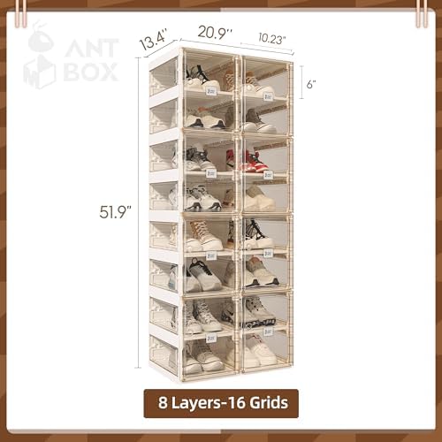 ANTBOX Foldable Shoe Rack,Shoe Organizers for Closet Plastic Shoe Storage Box for Entryway,Living Room,Large Sturdy Stackable Sneaker Cabinet Bins with Magnetic Clear Door 8 Tiers 16 Pairs - Image 3