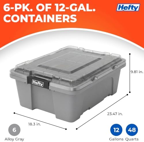 Hefty 12 Gallon Storage Bin with Clear Lid, Heavy Duty Plastic Storage Container Stackable Tote for Garage Closet Home Organization, Medium Storage Bin, 6 Pack, Grey - Image 2