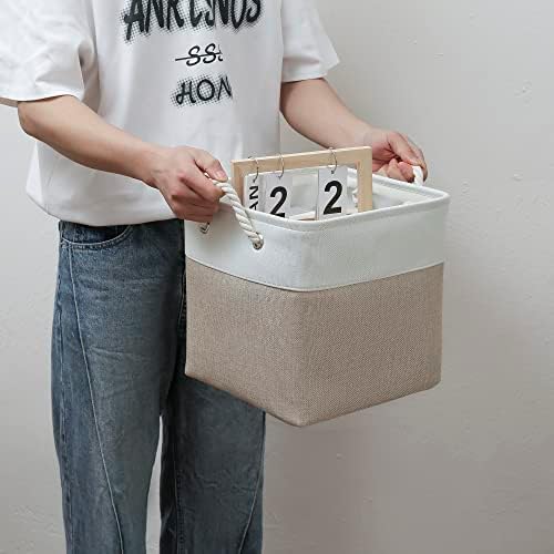 MidmmVick 11 x 11 Inch Cube Storage Bins, 6 Pack Large Collapsible Fabric Storage Bin with Ropes, Foldable Storage Cubes for Home, Office,Closet, Clothes, Toys Organizer (White & Beige-11"x11"x11") - Image 6