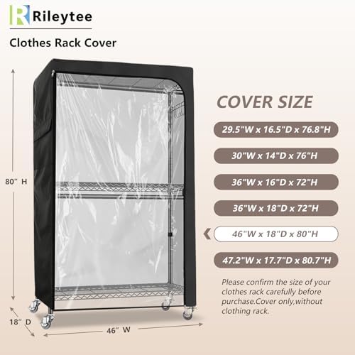Rileytee Garment Rack Cover,600D Heavy Duty Waterproof Clothing Rack Cover,Clothes Rack Cover with Zipper for Metal Garment Rack（Clear Front,46"W x 18"D x 80"H,Cover Only) - Image 2