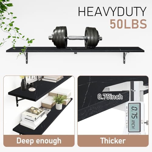 Kaboon 55 inch Long 10 inch Deep Floating Shelves for Wall Set of 2, Large Open Shelves Wall Mounted, Space Saving Home and Commercial Use, Cloud Atlas/Black Marble - Image 4