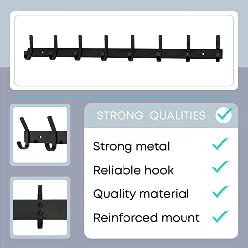 Coat Rack Wall Mount – 24 Inch Stainless Steel Hook Rail with 8 Double Coat Hooks for Hanging – Wall Mounted Entryway Organizer for Coats, Hats, Bags, Towels, Robes, Closet or Bathroom - Black 2 Pack - Image 3