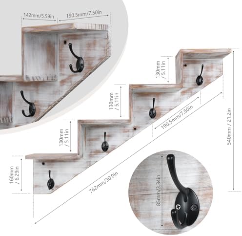 Hookmous Coat Rack Wall Mount with Shelf, White Wall Shelf with Hooks, Sturdy​​ Wooden Rise Staircase Shelves, Space-Saving Decorative Organizer for Entryway, Mudroom, Hallway, Living Room, Bedroom - Image 3