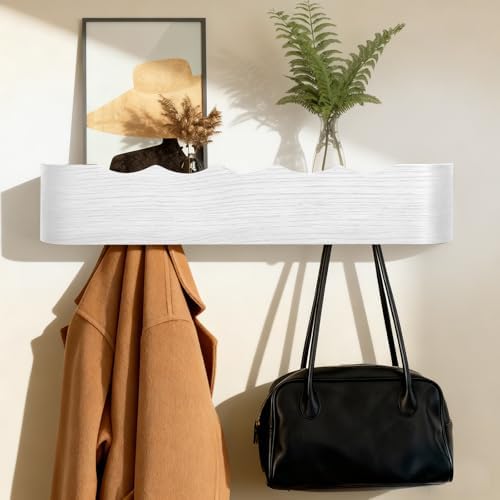 Coat Rack Wall Mount with Shelf Entryway Shelf Modern Key Holder Hanger Wall Shelves with Hidden Hooks for Hanging Towels Coats Hats Bags for Hallway Bathroom Bedroom (Wavy White, 5 Hooks) by FURNAWAY