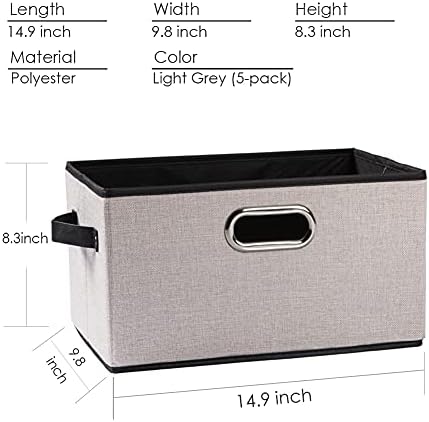 PRANDOM Large Fodable Storage Bins for Closet [5-pack] Decorative Linen Fabric Storage Bins Cubes with Leather/Metal Handles for Shelves Bedroom Living Room Light Grey (14.9x9.8x8.3 Inch) - Image 5