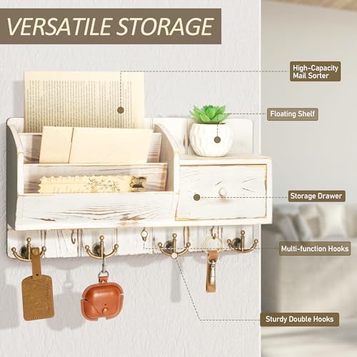 Rebee Vision Key Holder Wall Mount with Drawer for Room Decor, Whitewash - Image 3