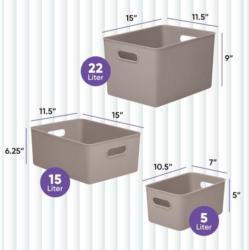Superio Ribbed Collection - Decorative Plastic Basket Open Home Storage Bins Organizer, Taupe (Set of 3) 1 X-Large, 1 Large, 1 Medium - Container Boxes for Organizing Closet Storage Bins for Shelves - Image 2