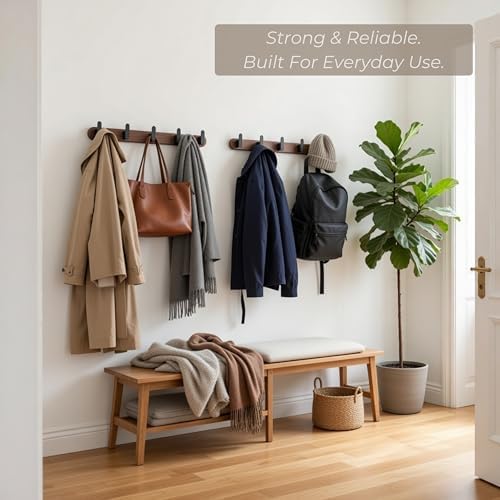 Jugen Coat Rack Wall Mount – Solid Black Walnut with 5 Heavy Duty Matte Black Hooks, Wooden Wall Coat Rack for Entryway, Coats, Hats & Bags - 19.7in, No Drill Adhesive or Hidden Screw Mount (2) - Image 5