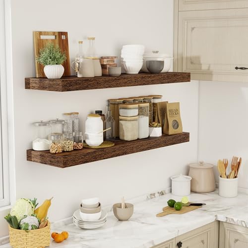 Acovy 48 Inch Floating Shelves, 12" Deep Floating Shelf Wall Mounted, 48" Wall Shelves, Rustic Deep Bookshelf, Extra Deeper & Thicker Display Shelves for Bedroom, Living Room, Brown, Set of 2 - Image 2