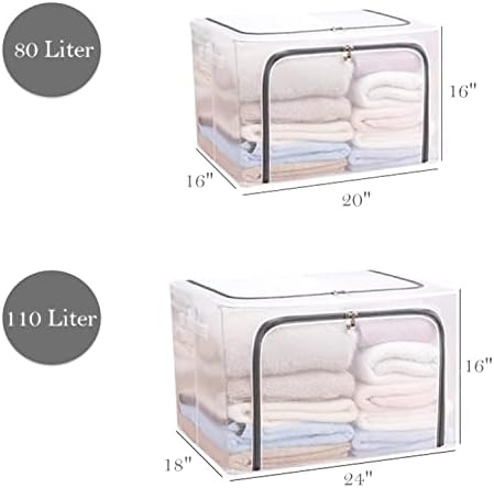 110L Large Foldable Storage Bins Organizer with Durable Handles, Metal Frame, for Clothing | Bed Sheets | Blanket | Comforters | Pillows | Toys, 3 Pack, Clear & Gray Zipper - Image 3