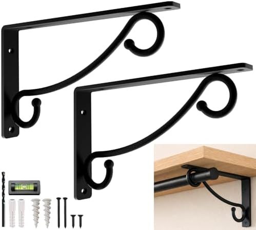 Closet Rod Bracket, 12 Inch –14 Inch Hook Shelf Brackets Heavy Duty Wall Mounted, Black Closet Rod Support Brackets for Curtains, Hanging Hook Kitchen, Shelf Supports (2 Pack) (Black Double, 12 Inch) by BalinDesigns