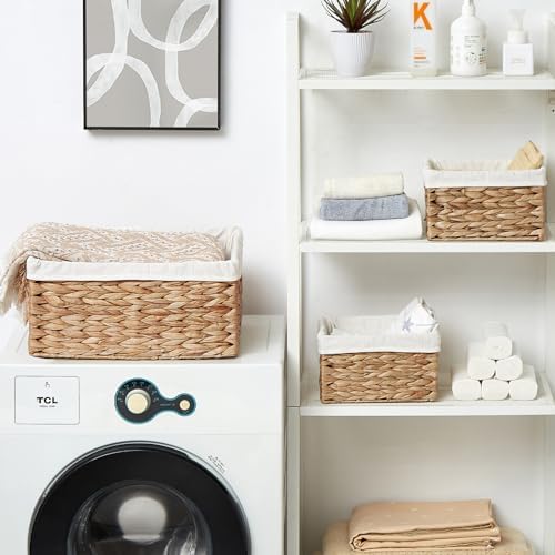Vagusicc Wicker Basket, 3-Pack Water Hyacinth Wicker Storage Basket with Handles, Storage Baskets for Organizing, Large Hyacinth Storage Baskets for Shelves with Liner (Water Hyacinth Baskets Set) - Image 4