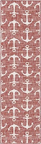 Unique Loom Outdoor Coastal Collection Area Rug - Ahoy (2' x 7' 10" Runner, Rust Red/ Ivory) - Image 3