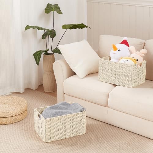 Vagusicc Wicker Storage Basket, Set of 2 Hand-Woven Paper Rope Wicker Basket, Small Storage Baskets for Organizing Toilet Paper Baskets, Foldable Large Cube Storage Organizer Bin for Shelves (Beige) - Image 6