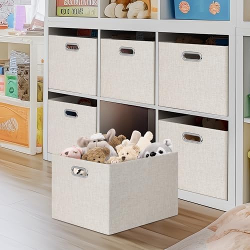 Posprica Closet Storage Bins, 4 Pack Large Closet Shelf Organizers, Linen Fabric Decorative Storage Baskets for Organizing, Foldable Storage Box for Clothes, 16.5x12x10.25 Inch (Beige) - Image 6