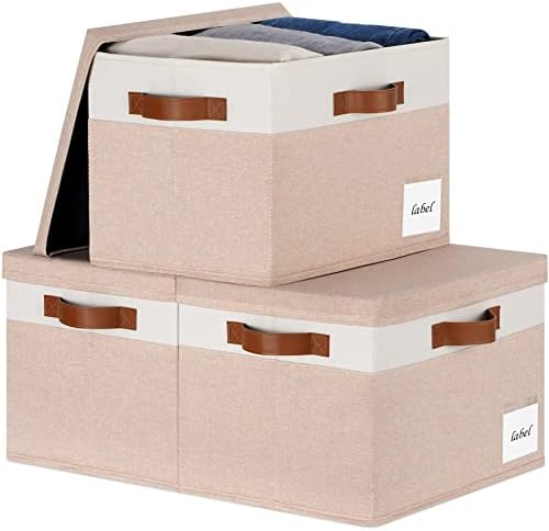 Extra Large Storage Bins with Lids, Foldable Fabric Storage Baskets with Lids, Sturdy Storage Boxes with Labels and 3 PU Handles for Closet Home Bedroom Office (32L, 3 Packs, Pink&White) by PFFVRP