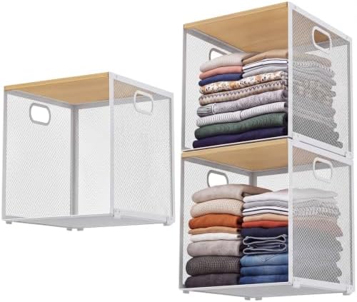 AceOrbit 3 Pcs Widened Stackable Closet Organizer and Storage with Wood Top Foldable Metal Cube Closet Shelf DIY Space Saving Linen Clothes Shoe Bed Sheet Bin Wardrobe Bedroom ( 15.6"x12"x8.7", Dark) by Unknown