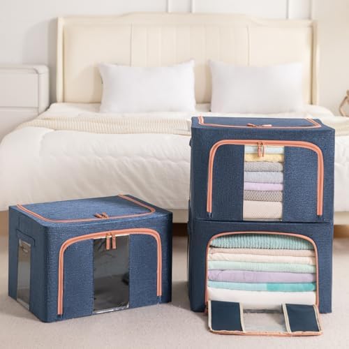 GuliPostan 3 Pack 100L Stackable Clothes Storage Bins with Metal Frame Handles & Zipper, Collapsible Closet Organizer Box with Lid for Bedding Blankets Towel (Navy) - Image 6