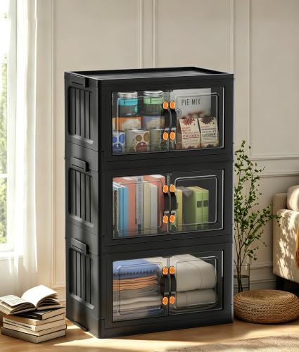 Hanyi 105 QT 3-Tier Stackable Storage Bins with Lids, Black, Clear Doors by Unknown
