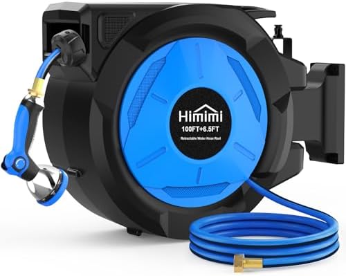 Retractable Garden Hose Reel, 1/2 Inch x 100 ft + 6.6 ft Heavy Duty Wall Mounted Hose Reel with 10 Patterns Nozzle, Any Length Lock, Upgraded Slow Return System, 180°Swivel Bracket and UV Resistant by Himimi
