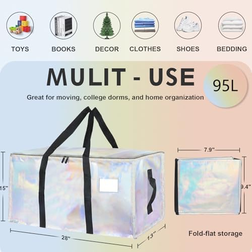 12 Pack-Extra Large Heavy Duty Moving Bags - Waterproof Storage Totes with Handles & Zippers, Foldable for College Dorm, Storage (Shiny Color) - Image 2