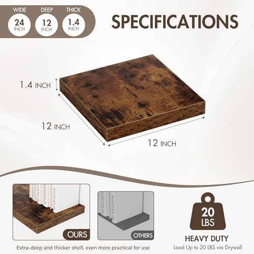 Acovy 12 Inch Floating Shelves, 12" Deep Floating Shelf Wall Mounted, 12" Wall Shelves, Rustic Deep Bookshelf, Extra Deeper Display Shelves & Storage Shelves for Bedroom, Living Room, Set of 3 - Image 4