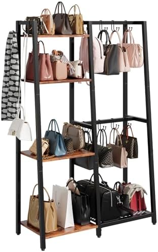 HavenlyYouth Purse Storage Organizer for Closet, 4-Tier Iron Wood Purse Rack, 8 Purse Hooks & 2 Side Hooks for Bag Organizer, Large Capacity Handbag Storage Rack for Home, Living Room by HAVENLYYOUTH