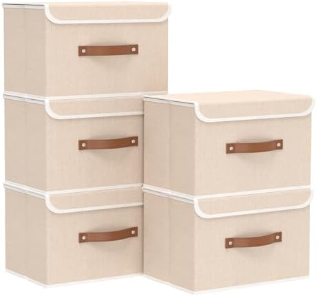 Yawinhe Fabric Storage Boxes with Lids,Beige,15.0x9.8x9.8in,5-Pack by Yawinhe