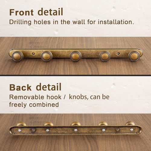 Goo-Ki 1 Pack Antique Brass Coat Rack Wall Mount Heavy Duty, Vintage Brass Towel Rack Zinc Alloy Coat Hooks Wall Mounted for Bag Hat Clothes Scarf - Image 5