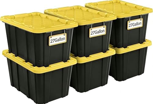6-Pack Storage Bins Heavy Duty Stackable Industrial Tote 27-Gallon Plastic Container with Secure Snap-On Lids Design for Garage, Warehouse or Workshop Organization Black & Yellow by Unknown