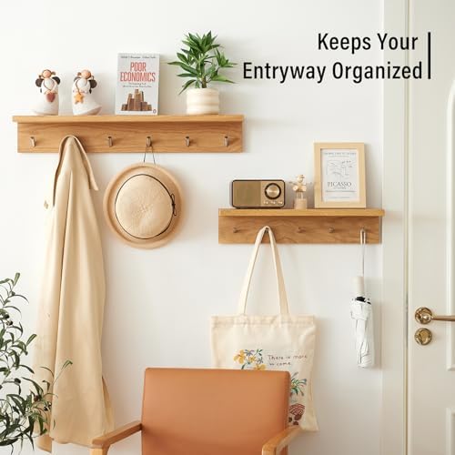 Wall Hooks with Shelf Oak Wood Coat Rack Shelf Wall Mounted, Entryway Shelves with 6 Metal Hangers for Clothes Hats Towel for Bathroom, Bedroom, Living Room (Natural, 27.5 inches) - Image 3