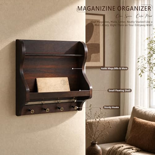 Acacia Wood Mail Organizer Wall Mount with 7 key Hooks Entryway, Dark Brown - Image 5