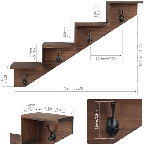 Hookmous Coat Rack Wall Mount with Shelf, Brown Wall Shelf with Hooks, Sturdy​​ Wooden Rise Staircase Shelves, Space-Saving Decorative Organizer for Entryway, Mudroom, Hallway, Living Room, Bedroom - Image 2