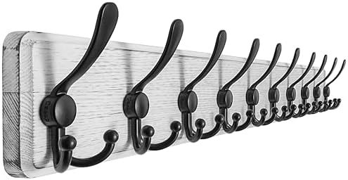 Dseap Coat Rack Wall - Heavy-Duty 38-1/4" Long, with Reinforced 10 Custom Tri-Hooks, Solid Wood Wall Hanger for Coats Hat Jackets - Rustic Farmhouse Entryway Hallway Storage, White & Black by Dseap