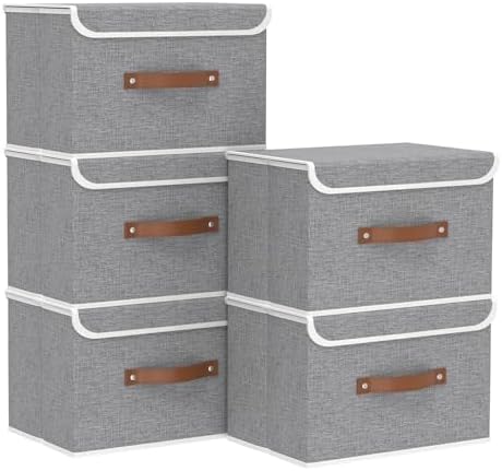 Yawinhe Fabric Storage Boxes with Lids,Grey,15.0x9.8x9.8in,5-Pack by Yawinhe