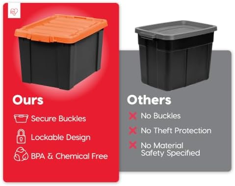 IRIS USA 20 Gallon Lockable Storage Bins with Lids, 4 Pack - Made in USA, Heavy Duty, Stackable Containers, Garage Organizing Bins Moving Tubs, Rugged Sturdy Equipment Utility Box - Black/Orange - Image 3