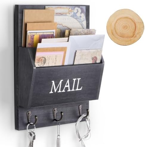 DLQuarts Solid Wood Mail Organizer with Key Holder for Wall, Mail Sorter Wall Mounted, Decorative Wooden Key and Mail Holder with 3 Hooks, Matte Black by DLQuarts